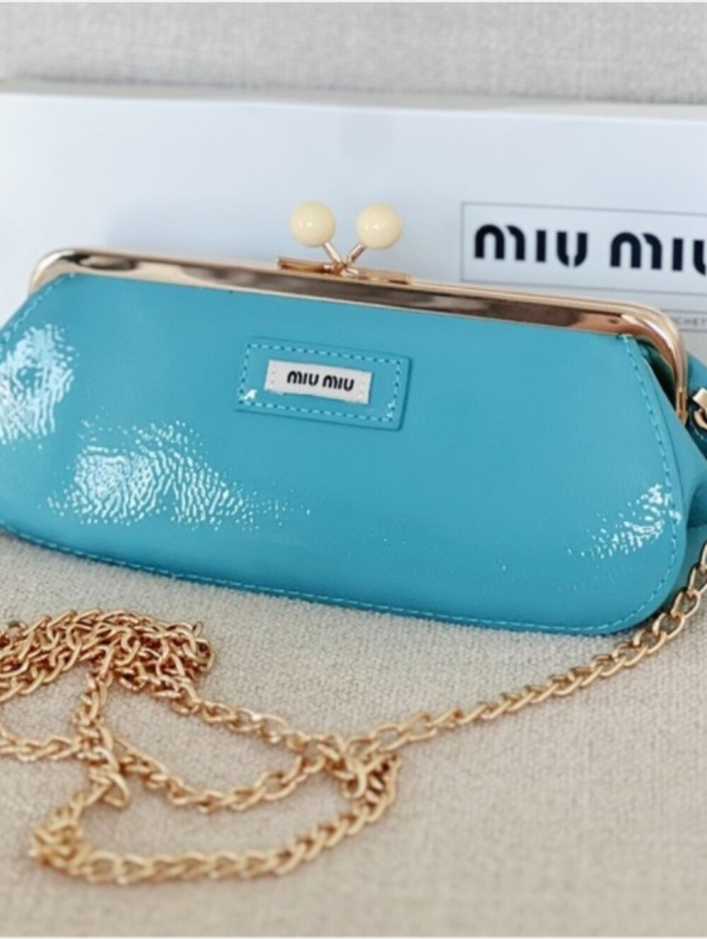 Miu Miu Patent Leather Teal Blue Aqua Shoulder Bag Clutch Gold Chain Purse - Picture 2 of 8